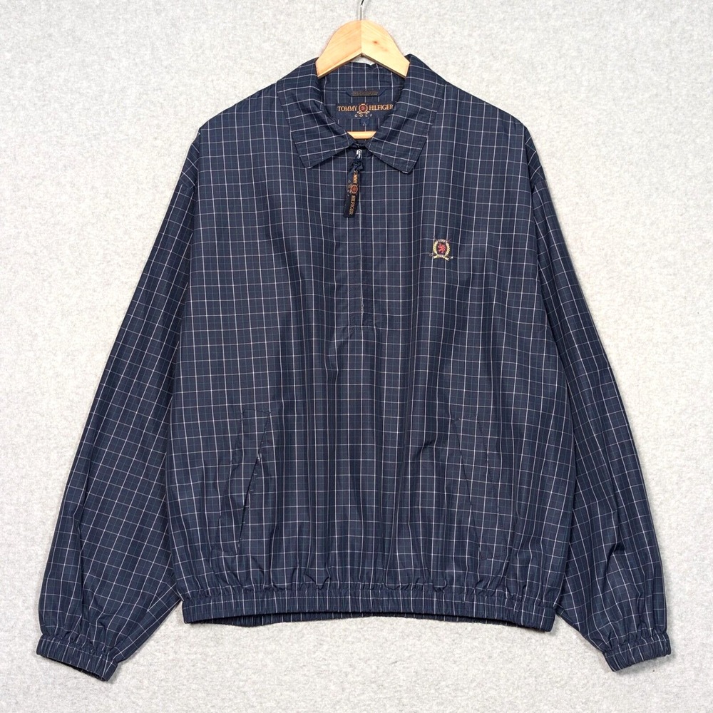 VTG Tommy Hilfiger Golf Jacket Plaid Mens Large Mesh-Lined 1/4 Zip Windbreaker